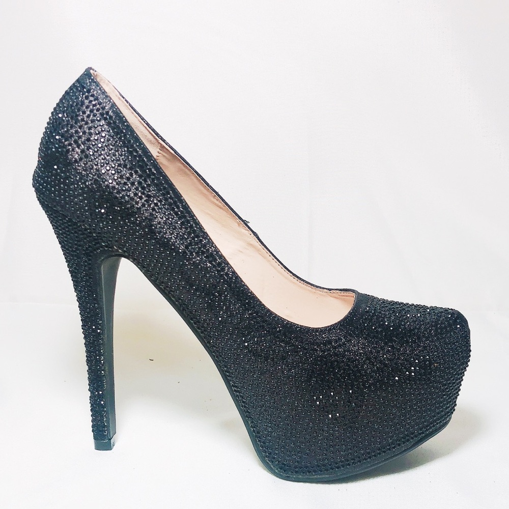 New Women Rhinestone Heel  Pump Black Glitter